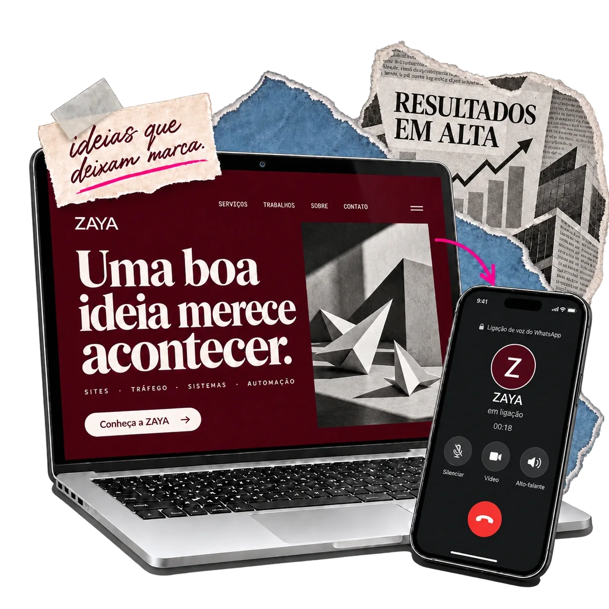Composição editorial da ZAYA: notebook e celular com layouts em vinho e creme, recortes de papel azul mineral, jornal de crescimento, fotografia editorial e ligação em andamento com a ZAYA.